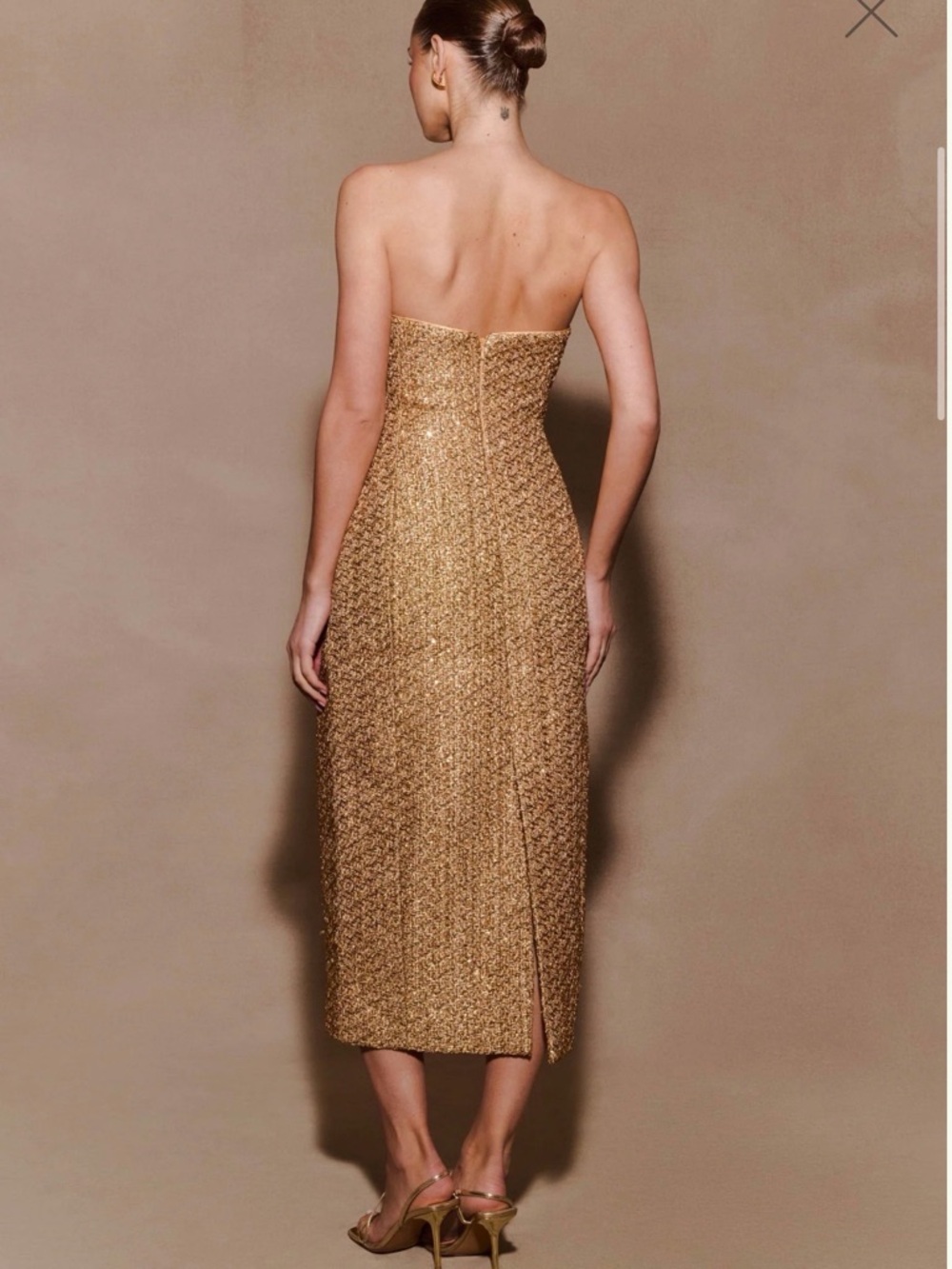 New Meshki Strapless Gold Sequin Midi Dress - Picture 7 of 7
